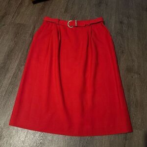 Vintage Evan Picone 100% Wool Belted Red Skirt Pockets Midi Length USA Sz 16